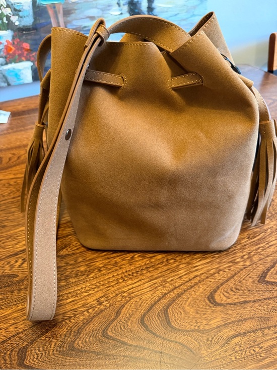 BCBGMaxAzria Handbags - BCBG MaxAzria Faux Suede Bucket Shoulder Bag in Tan